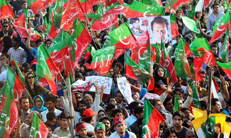 Happier times: A 2011 PTI rally in Lahore. Within two years after its sudden rise, the party looks fractured, bruised and disoriented.