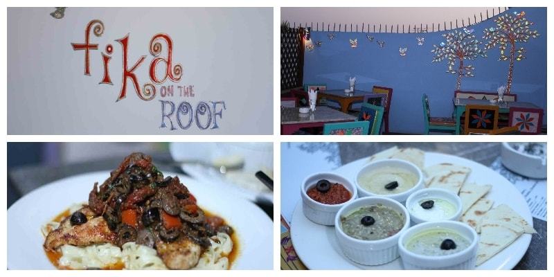 Clockwise: View of the roof, mezze platter, Fika style chicken cacciatore, Fika logo. — Photo by Muhammad Ismail courtesy MR Digital