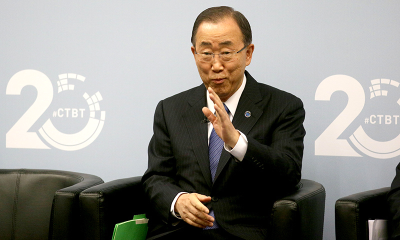 UN Secretary General Ban Ki-moon speaks during the 20th anniversary celebration of the Comprehensive Nuclear Test Ban Treaty Organization, CTBTO, at UN headquarters in Vienna, Austria, Wednesday, April 27, 2016. ─ AP