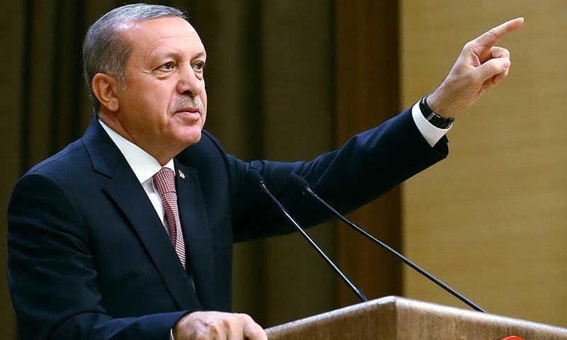 Turkey&#39;s President Recep Tayyip Erdogan speaks during an event for foreign investors, in Ankara. —AP
