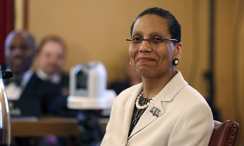In this April 30, 2013 file photo, Justice Sheila Abdus-Salaam looks on as members of the state Senate Judiciary Committee vote unanimously to advance her nomination to fill a vacancy on the Court of Appeals at the Capitol in Albany, NY. ─ AP
