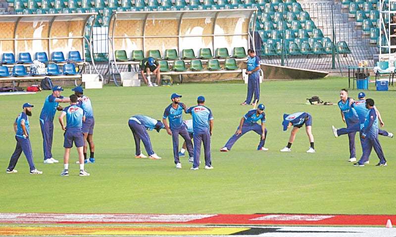 LAHORE Members of the ICC World Xi Squad take part in a training session at the Gaddafi Station on Monday.— Online