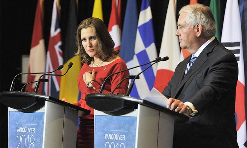 Canadian Foreign Minister Chrystia Freeland (L) and US Secretary of State Rex Tillerson conduct a press conference at the Vancouver Foreign Ministers' Meeting on Security and Stability on the Korean Peninsula, in Vancouver.─AFP