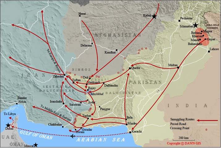 Some of the many routes taken by illegal migrants through Balochistan to reach various destinations. Click to enlarge.