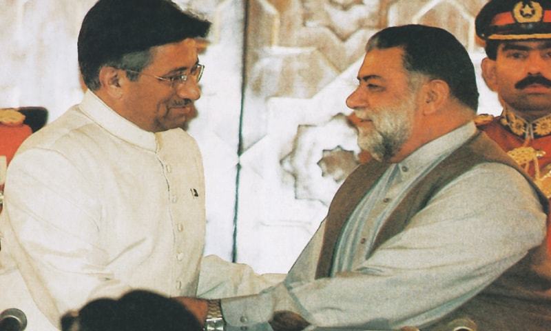 IN this file photo, former president Gen Pervez Musharraf greets Mir Zafarullah Khan Jamali after the former administered the oath to the
prime minister in Islamabad.—AFP