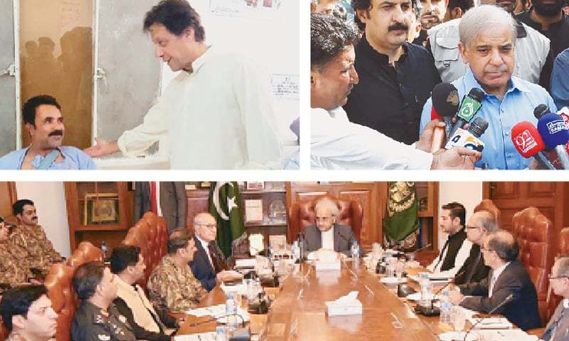 (Top left) Pakistan Tehreek-i-Insaf chairman Imran Khan visits the Combined Military Hospital in Quetta on Sunday to inquire after the health of those injured in the Mastung blast. (Top right) Pakistan Muslim League-Nawaz president Shahbaz Sharif talks to the media after offering his condolences at Sarawan House. (Bottom) Caretaker Prime Minister Nasirul Mulk chairs a meeting on law and order at Governor House.—Agencies