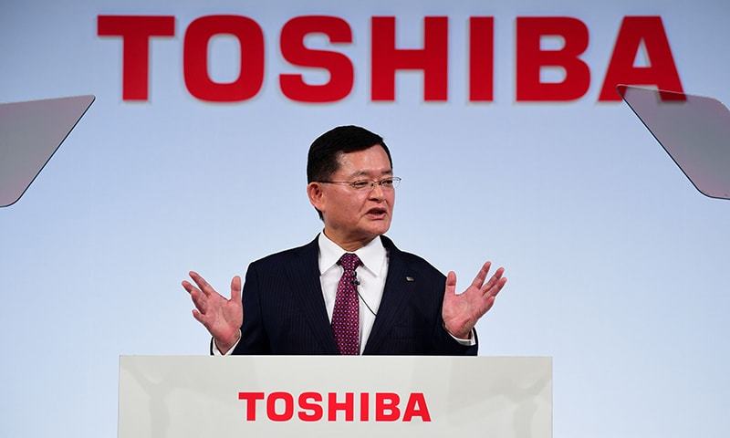 Toshiba chairman and CEO Nobuaki Kurumatani attends a press conference in Tokyo. — AFP