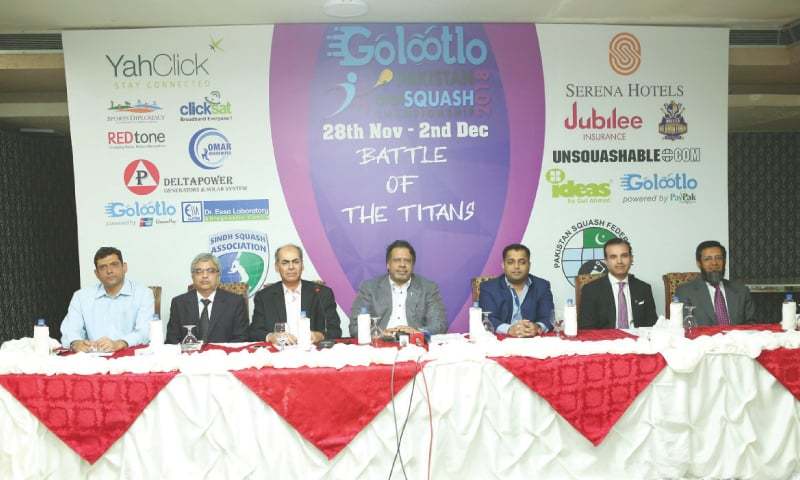 SQUASH celebrity Jahangir Khan (C) speaks during a press conference at 
the Asif Nawaz Squash Complex, DA Creek Club to unveil details of the Pakistan Open International Squash Championship on Monday. — Newspaper