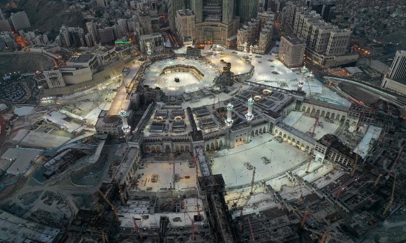 This picture taken on May 24, 2020 during the early hours of Eidul Fitr shows an aerial view of the Grand Mosque and the Holy Kaaba in the centre of Saudi Arabia's holy city of Makkah. &mdash; AFP