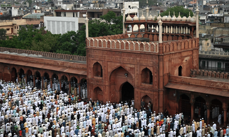 Muslims offer Eid prayers at Jama Masjid in the old quarters of New Delhi. &mdash; AFP