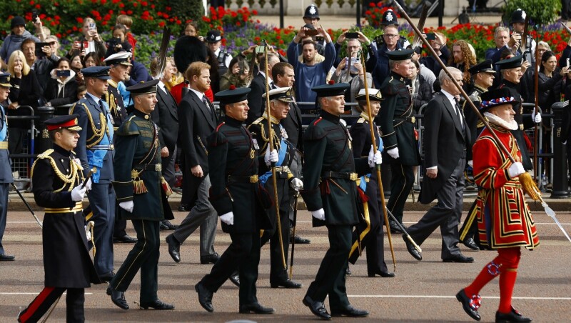 Britain’s King Charles, Britain’s Anne, Princess Royal, Britain’s Prince Andrew, Britain’s William, Prince of Wales and Britain’s Prince Harry, Duke of Sussex during the funeral procession, on the day of the state funeral and burial of Britain’s Queen Elizabeth, in London on Monday. — Reuters