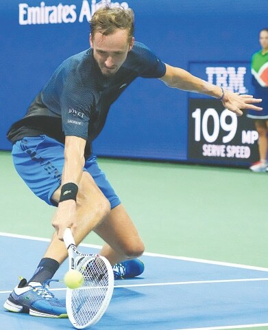 NEW YORK: Daniil Medvedev of Russia reaches for a return to Australia’s Nick Kyrgios during their fourth-round match of the US Open at USTA Billie Jean King National Tennis Center.—Reuters