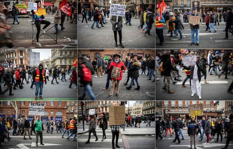  This combination of pictures made on Thursday shows protesters posing with placards during a rally called by French trade unions in Toulouse, southwestern France. — AFP 