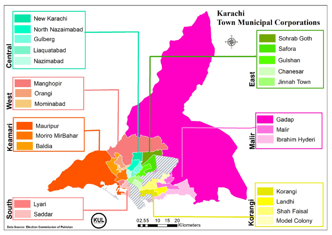  A map of the 25 towns in Karachi outlined in the SLGA Bill 2021 — Map visualisation by Karachi Urban Lab 