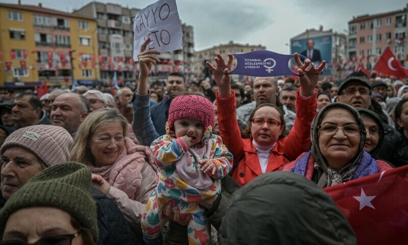 Supporters wave during a rally of Turkey’s Republican People’s Party (CHP) Chairman and Presidential candidate Kemal Kilicdaroglu in Canakkale, western Turkey, on April 11, 2023. — AFP