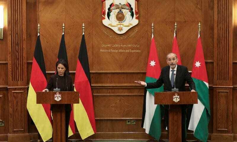 Jordan&rsquo;s Foreign Minister Ayman Safadi speaks with the media following a meeting with German Foreign Minister Annalena Baerbock in Amman. &mdash; Reuters