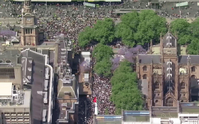 An aerial view of pro-Palestinian march in Sydney on Saturday. &mdash; Screengrab via ABC News