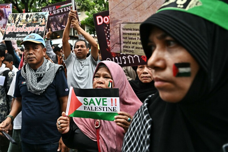People take part in a pro-Palestinian rally in front of the Israeli Embassy in Bangkok on October 21, 2023. &mdash; AFP