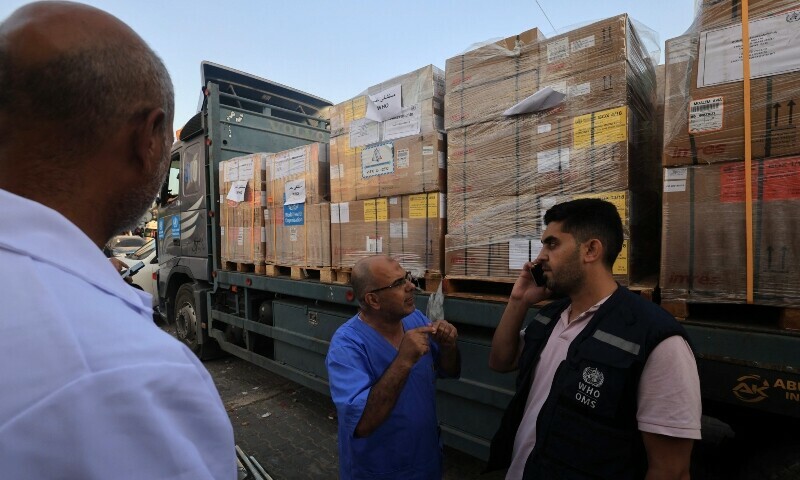 Medical aid from the World Health Organization arrives at the Nasser hospital in Khan Yunis in the southern Gaza Strip. — AFP