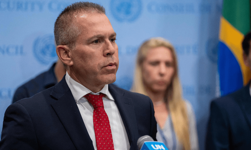 Permanent Representative of Israel to the United Nations Gilad Erdan addresses the press on the situation in the Middle East at the United Nations Headquarters on October 24 in New York City. — AFP