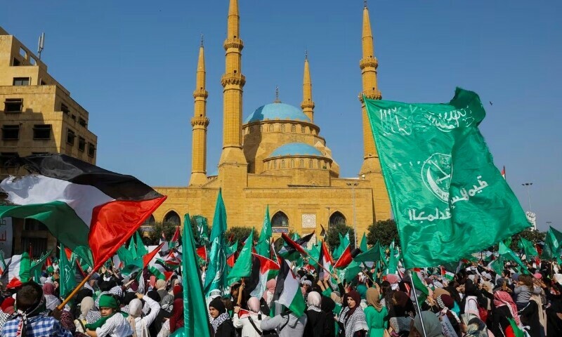 People protest in solidarity with Palestinians in Gaza in front of the Al-Amin mosque in Beirut, Lebanon, October 29, 2023. &mdash; Reuters