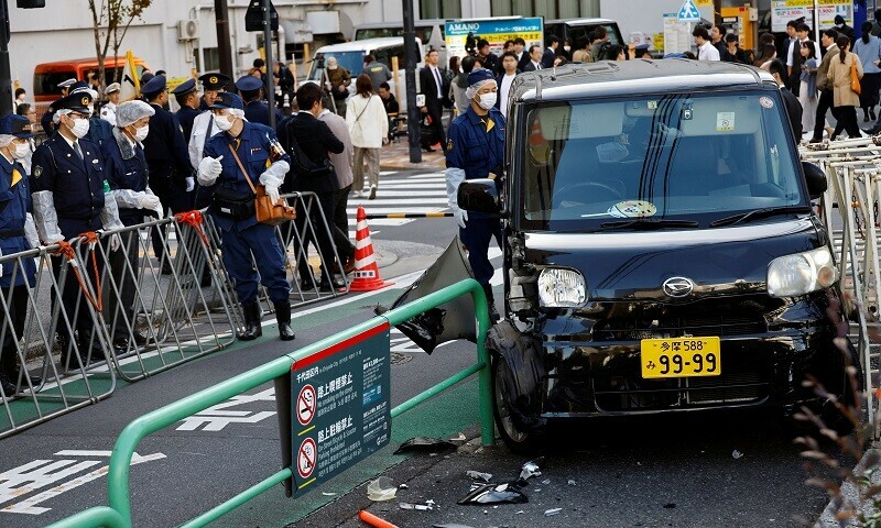 A view of the scene after a car crashed into a barricade near the Israeli embassy in Tokyo, Japan, November 16, 2023. &mdash; Reuters