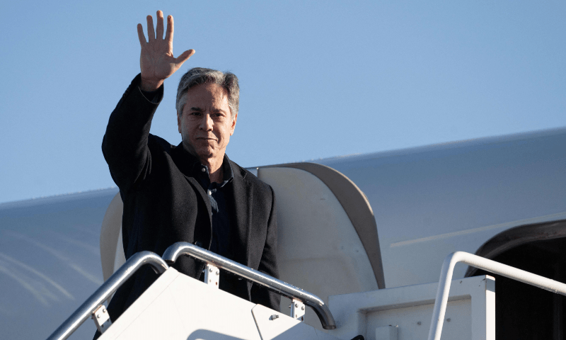  US Secretary of State Antony Blinken boards his aircraft prior to departure from Maryland on Nov 27, 2023, as he travels to Brussels for a Nato Foreign Ministers meeting. &mdash; AFP 