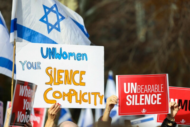 Demonstrators gather during a “#metoo unless you are a Jew” protest outside of United Nations headquarters in New York City on December 4. — AFP