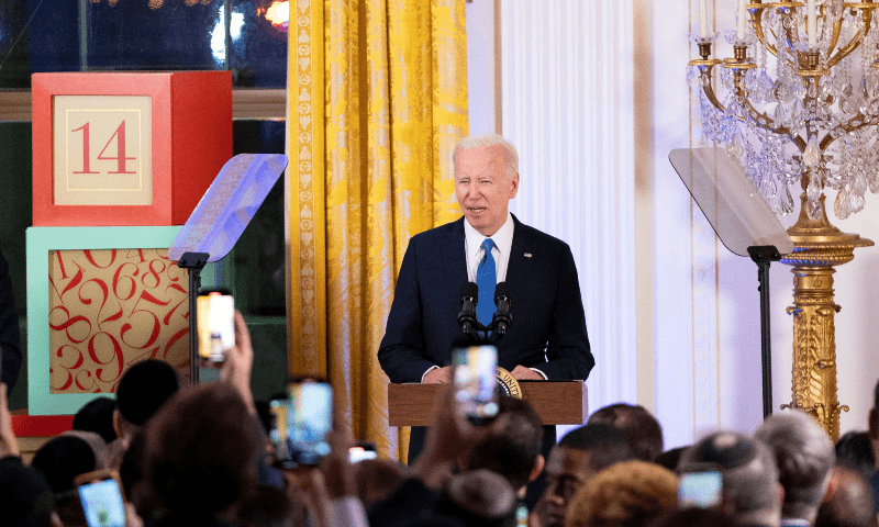  US President Joe Biden speaks during a Hanukkah holiday reception in the East Room of the White House in Washington, DC, US, on Dec 11, 2023. &mdash; Reuters 