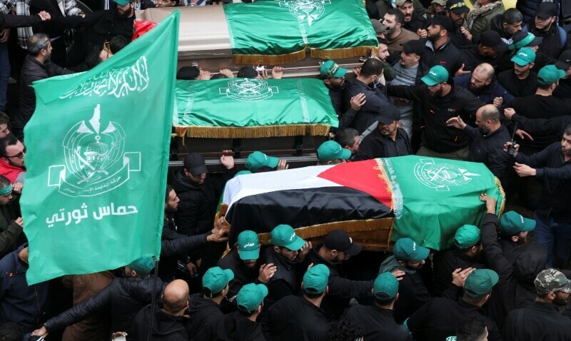Mourners gather during the funeral of deputy head of Hamas, Saleh al-Arouri, who was killed by what Lebanese and Palestinian security sources say was a drone strike by Israel in Beirut, Lebanon on January 4. &mdash; Reuters