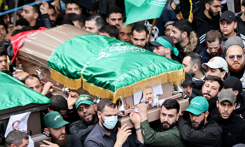 Mourners carry the coffin of Hamas&rsquo; deputy leader, Saleh al-Arouri, killed on January 2, 2024 in a strike in Beirut&rsquo;s southern suburbs. &mdash; AFP