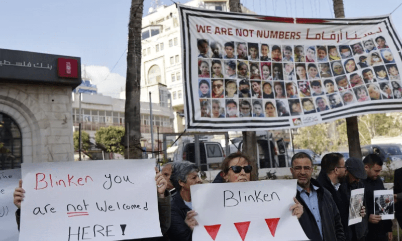 Palestinians protest Blinken&rsquo;s visit in the Israeli-occupied West Bank on Wednesday &mdash; AFP