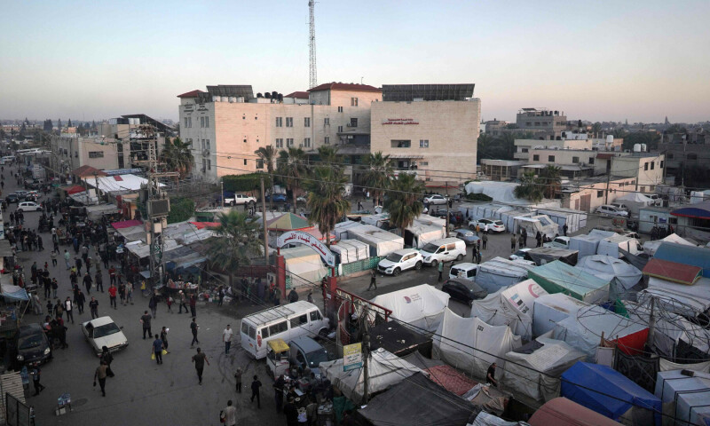  A makeshift tent city is set up for displaced Palestinians in front of the Shuhada al-Aqsa Hospital in Deir el-Balah in the central Gaza Strip on April 3. &mdash; AFP 