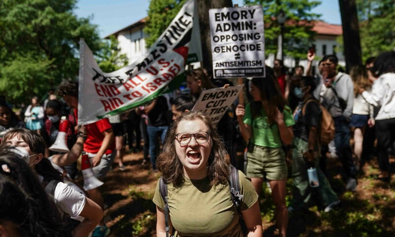 Students chant during a pro-Palestinian protest against the Israeli offensive in Gaza at Emory University on April 25 in Atlanta, Georgia. &mdash; AFP