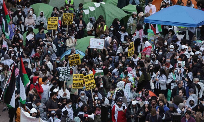 Activists and students participate in an encampment protest at the University Yard at George Washington University on April 25 in Washington, DC. &mdash; AFP