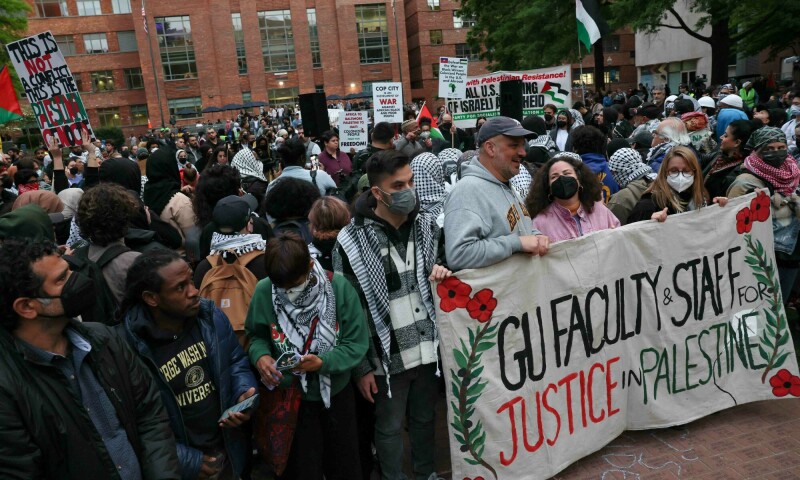 Students and others demonstrate at a protest encampment at University Yard in support of Palestinians in Gaza at George Washington University in Washington on April 25. &mdash; Reuters