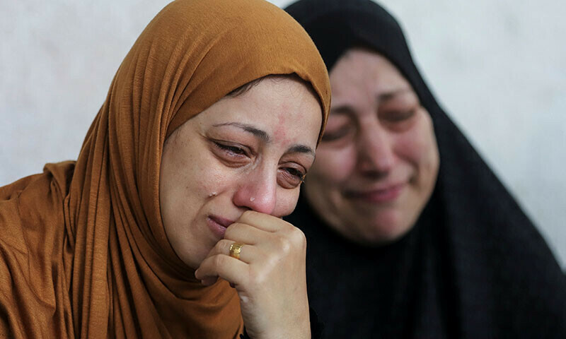 Mourners react during the funeral of Palestinians killed in Israeli strikes in Rafah in the southern Gaza Strip on April 29. &mdash; Reuters