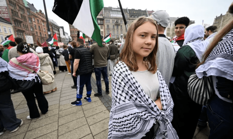 Climate activist Greta Thunberg takes part in the Stop Israel demonstration against Israel&rsquo;s participation in the 68th edition of the Eurovision Song Contest in Malmo, Sweden, on May 9, 2024. &mdash; Reuters