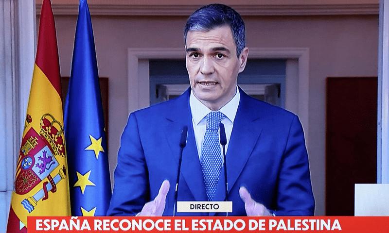  Spain&rsquo;s Prime Minister Pedro Sanchez is pictured as he delivers a speech on TV over the recognition of Palestinian statehood by Spain, in Madrid on May 28, 2024. &mdash; AFP 