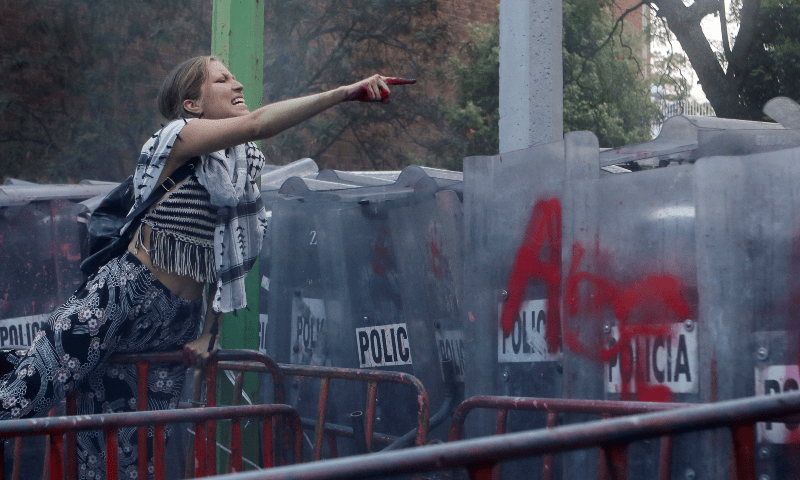  A demonstrator shouts at police officers during a protest in support of Palestinians outside the Israel Embassy, amid the ongoing conflict between Israel and Hamas, in Mexico City, Mexico on May 28, 2024. &mdash; Reuters 