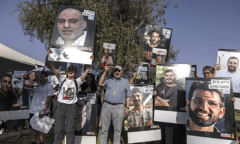  Relatives and friends of Israelis held hostage by Hamas in the Gaza Strip, gather to listen to the Israeli Finance Minister during a rally in the centre of Jerusalem on June 3, 2024. &mdash; AFP 