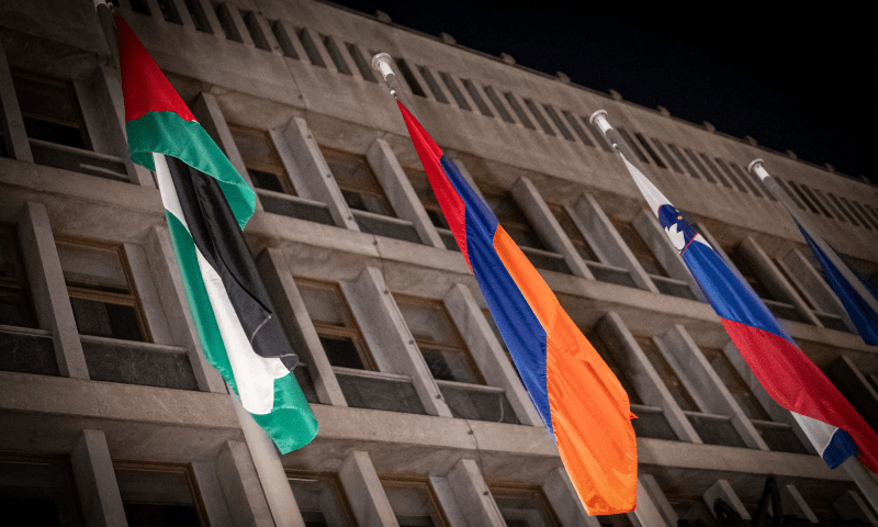  A Palestinian flag hangs in front of the Parliament building after the National Assembly recognised the Palestinian state following a parliamentary vote in Ljubljana, on June 4, 2024. &mdash; AFP 