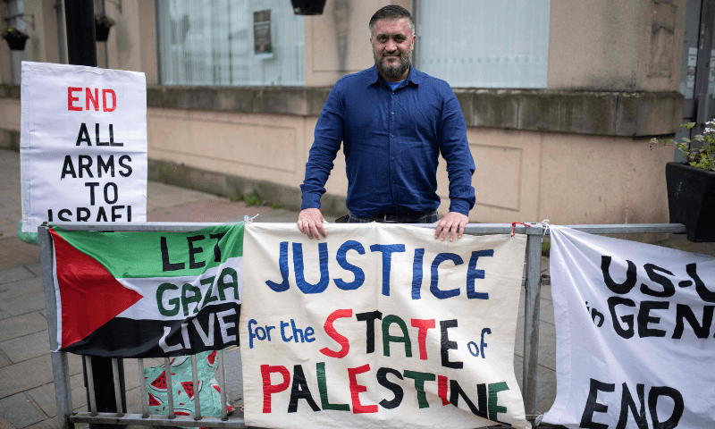 Vaz Shabir, an independent candidate in the forthcoming general election, joins campaigners calling for an end to the war in Gaza in the town centre of Keighley, northwest England, on June 14, 2024. — AFP