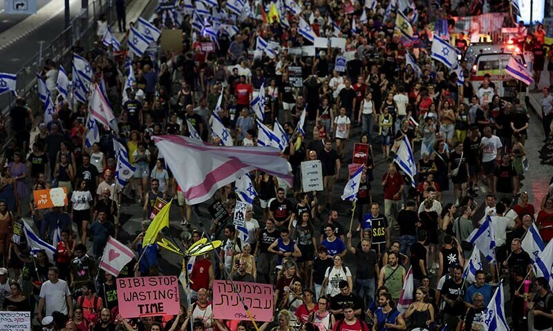  Israelis protest against Israeli Prime Minister Benjamin Netanyahu&rsquo;s government and call for the release of hostages in Gaza in Tel Aviv on August 10. &mdash; Reuters 
