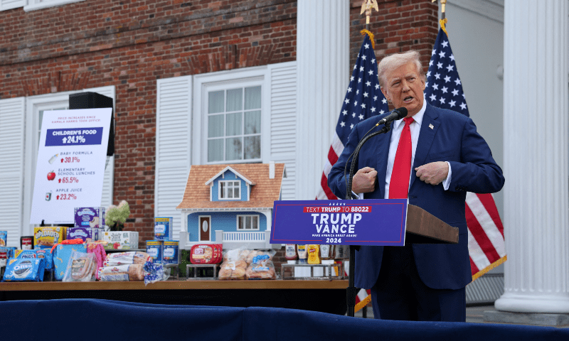  Republican presidential nominee and former US President Donald Trump speaks during a press conference at Trump National Golf Club, in Bedminster, New Jersey, US on Aug 15, 2024. &mdash; Reuters 