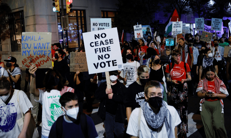 Protesters demand a ceasefire in Gaza near the venue of the debate between Republican presidential nominee Donald Trump and Democratic presidential nominee Kamala Harris in Philadelphia, Pennsylvania, US on Sept 10, 2024. — Reuters/Eduardo Munoz