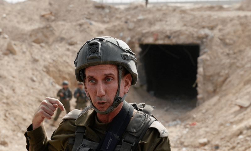  IDF spokesperson Rear Admiral Daniel Hagari speaks at the entrance to a tunnel leading to Egypt, in the Philadelphi Corridor area in southern Gaza on Sept 13, 2024. &mdash; Reuters 
