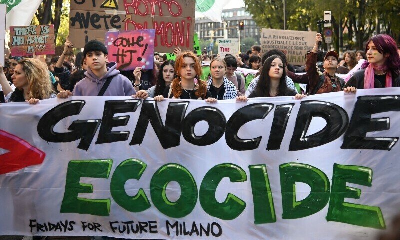 Swedish climate activist Greta Thunberg (C) attends the Fridays For Future demonstration in Milan, on October 11, 2024.— AFP