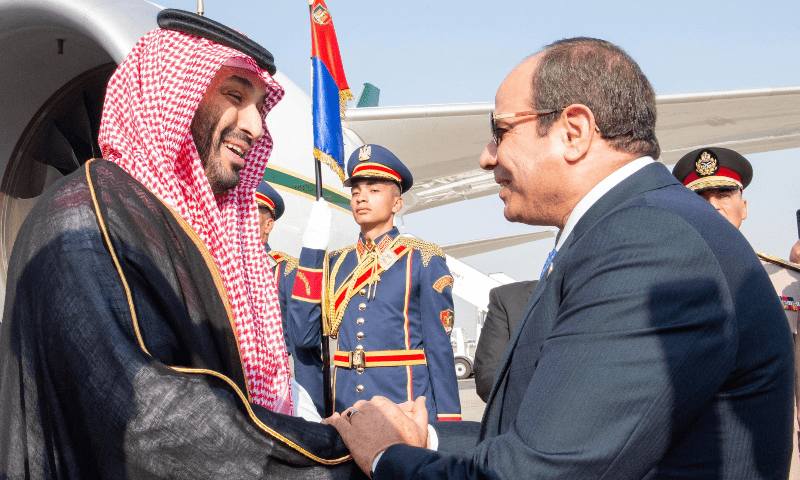  Saudi Crown Prince Mohammed bin Salman is greeted by Egypt&rsquo;s President Abdel Fattah al-Sisi during his visit to Cairo, Egypt on Oct 15, 2024. &mdash; Saudi Press Agency via Reuters 