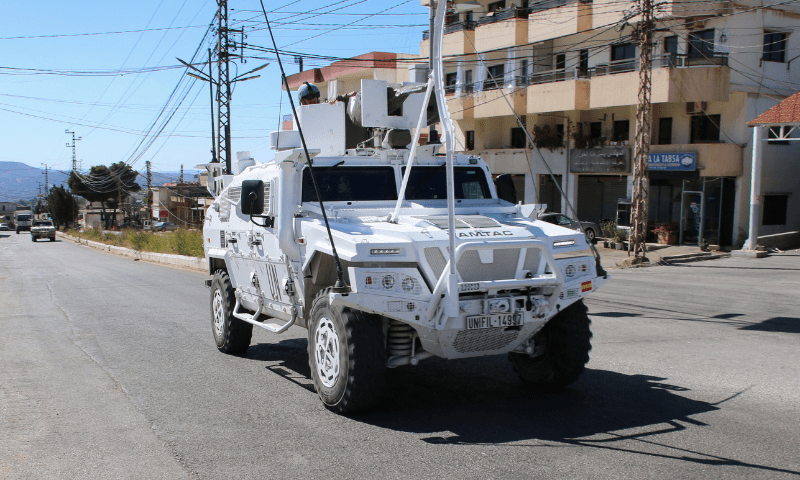 United Nations peacekeepers vehicle drives in the town of Qlayaa, near the border with Israel, amid ongoing hostilities between Hezbollah and Israeli forces, southern Lebanon on October 19. — Reuters